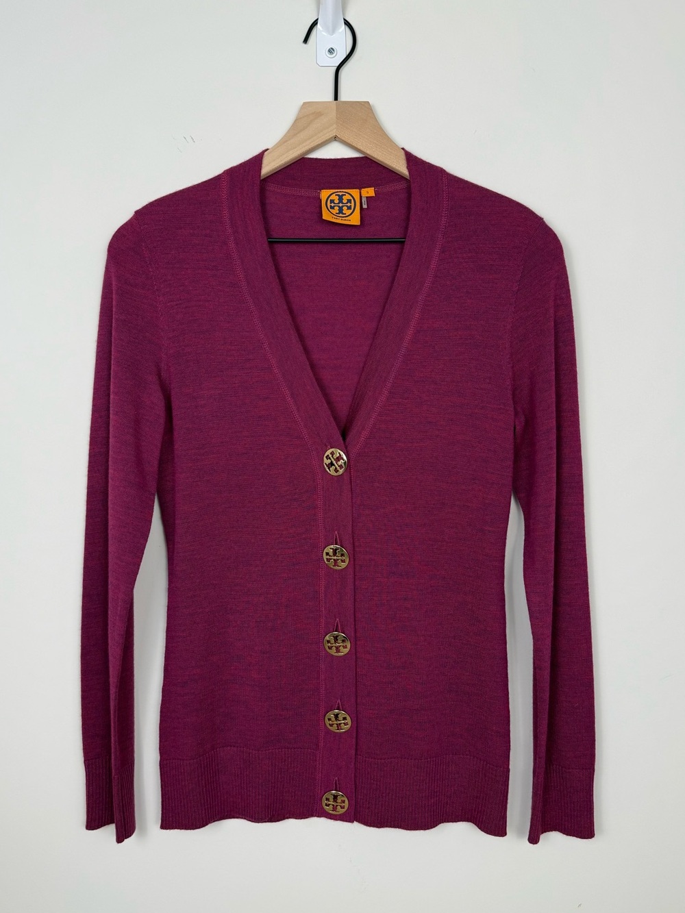 Tory Burch Simone Merino Wool V-Neck Gold Logo Button Cardigan Sweater S